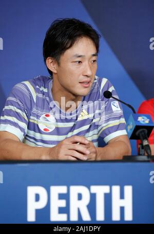 Perth, Australien. 2. Januar 2020; RAC Arena, Perth, Western Australia, Australien; ATP-Cup Team Pressekonferenzen, Japan; Go Soeda von Japan spricht an der team Pressekonferenz - Redaktionelle Verwendung Credit: Aktion Plus Sport Bilder/Alamy leben Nachrichten Stockfoto