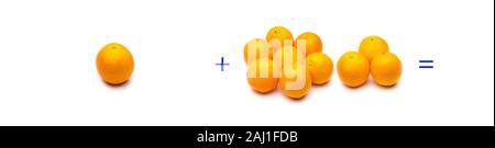 Berechnung von Summen grafisch mit Orangen, Summen von Orangen; mathematische Berechnung nicht abstrakt, sehr real, Orangen hinzufügen, berechnen Sie das Ergebnis der Stockfoto