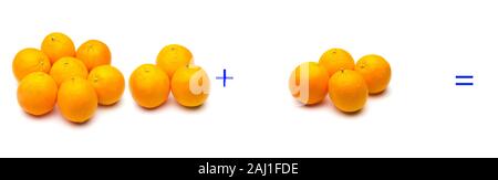 Berechnung von Summen grafisch mit Orangen, Summen von Orangen; mathematische Berechnung nicht abstrakt, sehr real, Orangen hinzufügen, berechnen Sie das Ergebnis der Stockfoto