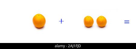 Berechnung von Summen grafisch mit Orangen, Summen von Orangen; mathematische Berechnung nicht abstrakt, sehr real, Orangen hinzufügen, berechnen Sie das Ergebnis der Stockfoto