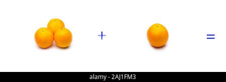 Berechnung von Summen grafisch mit Orangen, Summen von Orangen; mathematische Berechnung nicht abstrakt, sehr real, Orangen hinzufügen, berechnen Sie das Ergebnis der Stockfoto