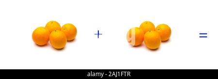 Berechnung von Summen grafisch mit Orangen, Summen von Orangen; mathematische Berechnung nicht abstrakt, sehr real, Orangen hinzufügen, berechnen Sie das Ergebnis der Stockfoto