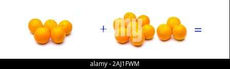 Berechnung von Summen grafisch mit Orangen, Summen von Orangen; mathematische Berechnung nicht abstrakt, sehr real, Orangen hinzufügen, berechnen Sie das Ergebnis der Stockfoto