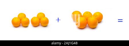 Berechnung von Summen grafisch mit Orangen, Summen von Orangen; mathematische Berechnung nicht abstrakt, sehr real, Orangen hinzufügen, berechnen Sie das Ergebnis der Stockfoto
