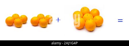 Berechnung von Summen grafisch mit Orangen, Summen von Orangen; mathematische Berechnung nicht abstrakt, sehr real, Orangen hinzufügen, berechnen Sie das Ergebnis der Stockfoto