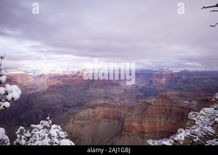 Der Grand Canyon während eines kalten, bedeckten Wintertag. Stockfoto