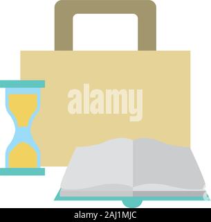 Aktenkoffer, Sanduhr und Buch, farbenfrohes Design Stock Vektor