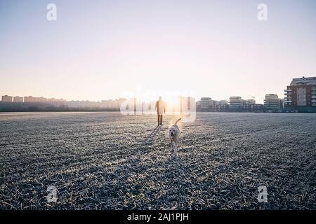 Frostigen morgen mit Hund. Junger Mann mit seinem Hund gegen Stadtbild bei Sonnenaufgang. Stockfoto