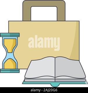 Aktenkoffer, Sanduhr und Buch, farbenfrohes Design Stock Vektor