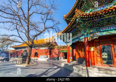 Blick auf reich verzierte tibetisch-buddhistischen Lama-Tempel (Yonghe Tempel), Dongcheng, Peking, Volksrepublik China, Asien Stockfoto