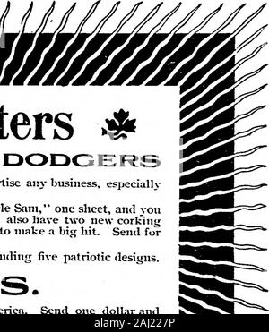 Billboard (Jul-Dec 1898). Bildliche Poster * f%isp Schwindler eine große nnmber Designs passend zu werben - Business, especiallygood für Drogisten, Schuhputzmaschine Händler, textilhändler, etc. Wir haben gerade eine neue siegreiche Uncle Sam, ein Blatt, und youought zu l&gt ausgestellt haben; e die erste in ihrer Stadt, es zu benutzen. Wir haben auch zwei Neue corkinggood Köpfe (männlich und weiblich), die Gebunden sind ein grosser Erfolg zu machen. Forsamples senden. Wir haben alle Arten von Bildmaterial Schwindler, einschließlich fünf patriotischen Designs. Ve machen den L&gt;est lieferbar Buchstabe steht in Amerika. Senden einen Dollar andreading Angelegenheit (die muss kurz sein) und wir wi Stockfoto