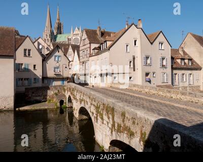 Die Kathedrale von Chartres Auf der anderen Seite des Flusses Eure, Chartres, Loir-et-Cher, Frankreich, Europa Stockfoto