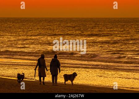Zwei Frauen gehen mit freilaufenden Hunden an der Küste am Strand bei Sonnenuntergang an einem kalten Abend im Winter Stockfoto