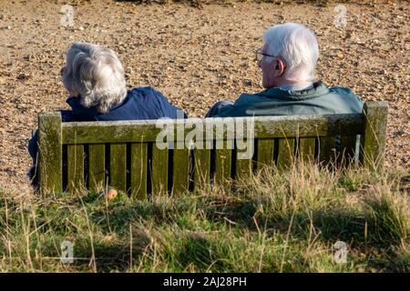Ein älterer grauhaariger Rentnerehepaar Mann und Frau sitzen auf einer Bank am Meer Blick Meer zusammen, Stockfoto