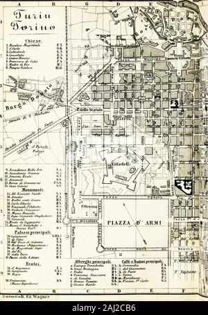 Italien: Handbuch für Reisende erster Teil, Nord Italien und Korsika. pro Std. 2 | 2 fr.-Omnibusse fahren häufig von der Piazza Castello zu jedem Der fourgates, Fahrpreis 10 C. Eisenbahn E. zu Alessandria (Genua, Bologna) siehe RR. 12, 13; S. toSa - luzzo, Bra, und Cuneo (Nizza) in 2&gt; | 2 Std. (R. 17); S.W. zu Pinerolo (s. 80) 1 Std.; W. nach Susa (Mont Cenis, S. 33) zu 13 | 4 Std; N.E. toIvrea (s. § 1); Biella und keine Vara (Arona, Mailand), siehe R. 18. Diligence (von Cuneo) nach Nizza: Büro Ballesio, Strada Nazionale (Coupé 25, Interieur 23 Fr.). Post (posta Via dAngennes letlere), 10. Telegraph Office, Stockfoto