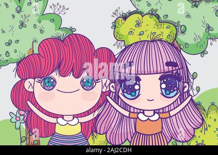 Kinder, kleine Mädchen anime cartoon Park Landschaft Bäume Gras Vector Illustration Stock Vektor