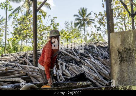 Banyuwangi, Indonesien. 10 Dez, 2019. Die Crew captain bereitet die Brände unter den Schwefel Öfen in einer Verarbeitung Fabrik tief im Dschungel in der Nähe von Banyuwangi zu schüren. Das ijen Vulkan ist einer der wenigen Orte, an denen Schwefel noch ohne Maschinen abgebaut ist, den Krater des Vulkans hat einen aktiven Schlot produziert, dass elementarer Schwefel. Atmung in den Schwefel Gas kann langfristige gesundheitliche Auswirkungen verursachen, aber trotzdem gibt es keinen Mangel an lokalen Bergleute riskieren alles, was ein gutes Gehalt zu verdienen ist, Bergarbeiter, einem durchschnittlichen Einkommen dreimal höher als die der lokalen Gehalt. Reiner Schwefel ist Stockfoto