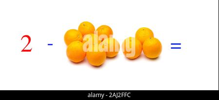 Einfache Subtraktion Probleme mit Orangen, mathematische Probleme für Kinder, die studieren und möchten Mathematik und Analysis zu lernen; Lernen, mit fru zu subtrahieren Stockfoto