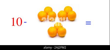 Einfache Subtraktion Probleme mit Orangen, mathematische Probleme für Kinder, die studieren und möchten Mathematik und Analysis zu lernen; Lernen, mit fru zu subtrahieren Stockfoto