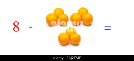 Einfache Subtraktion Probleme mit Orangen, mathematische Probleme für Kinder, die studieren und möchten Mathematik und Analysis zu lernen; Lernen, mit fru zu subtrahieren Stockfoto