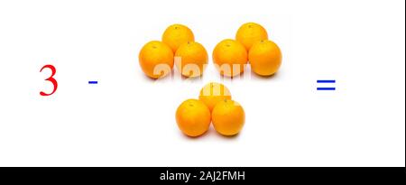 Einfache Subtraktion Probleme mit Orangen, mathematische Probleme für Kinder, die studieren und möchten Mathematik und Analysis zu lernen; Lernen, mit fru zu subtrahieren Stockfoto