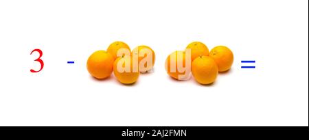 Einfache Subtraktion Probleme mit Orangen, mathematische Probleme für Kinder, die studieren und möchten Mathematik und Analysis zu lernen; Lernen, mit fru zu subtrahieren Stockfoto