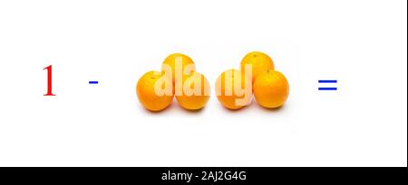 Einfache Subtraktion Probleme mit Orangen, mathematische Probleme für Kinder, die studieren und möchten Mathematik und Analysis zu lernen; Lernen, mit fru zu subtrahieren Stockfoto