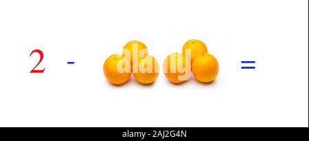 Einfache Subtraktion Probleme mit Orangen, mathematische Probleme für Kinder, die studieren und möchten Mathematik und Analysis zu lernen; Lernen, mit fru zu subtrahieren Stockfoto