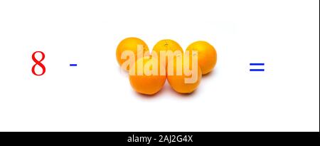 Einfache Subtraktion Probleme mit Orangen, mathematische Probleme für Kinder, die studieren und möchten Mathematik und Analysis zu lernen; Lernen, mit fru zu subtrahieren Stockfoto