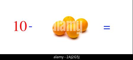 Einfache Subtraktion Probleme mit Orangen, mathematische Probleme für Kinder, die studieren und möchten Mathematik und Analysis zu lernen; Lernen, mit fru zu subtrahieren Stockfoto