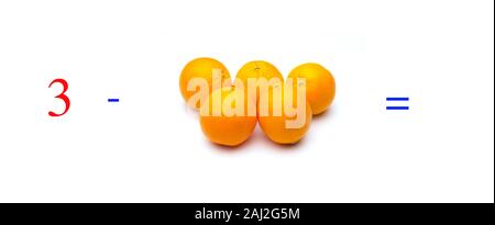 Einfache Subtraktion Probleme mit Orangen, mathematische Probleme für Kinder, die studieren und möchten Mathematik und Analysis zu lernen; Lernen, mit fru zu subtrahieren Stockfoto