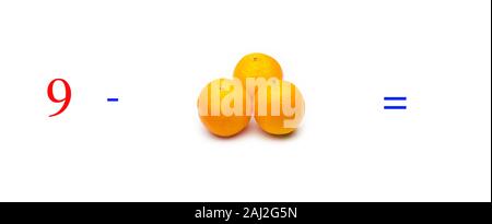 Einfache Subtraktion Probleme mit Orangen, mathematische Probleme für Kinder, die studieren und möchten Mathematik und Analysis zu lernen; Lernen, mit fru zu subtrahieren Stockfoto