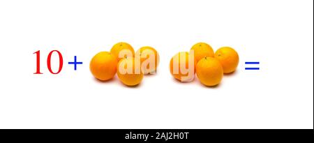 Einfache Probleme von Summen mit Orangen, mathematische Probleme für Kinder, die studieren und möchten Mathematik und Analysis zu lernen; Lernen mit Obst hinzufügen Stockfoto
