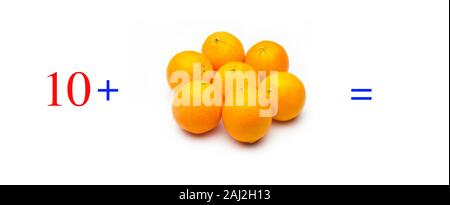 Einfache Probleme von Summen mit Orangen, mathematische Probleme für Kinder, die studieren und möchten Mathematik und Analysis zu lernen; Lernen mit Obst hinzufügen Stockfoto