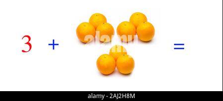 Einfache Probleme von Summen mit Orangen, mathematische Probleme für Kinder, die studieren und möchten Mathematik und Analysis zu lernen; Lernen mit Obst hinzufügen Stockfoto