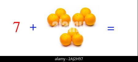 Einfache Probleme von Summen mit Orangen, mathematische Probleme für Kinder, die studieren und möchten Mathematik und Analysis zu lernen; Lernen mit Obst hinzufügen Stockfoto
