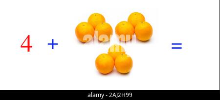 Einfache Probleme von Summen mit Orangen, mathematische Probleme für Kinder, die studieren und möchten Mathematik und Analysis zu lernen; Lernen mit Obst hinzufügen Stockfoto
