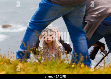 Fotografie Kurs, Workshop, bei Jersey Grosnez Castle und auf den Klippen Stockfoto