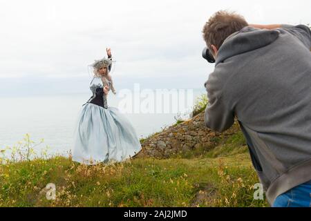 Fotografie Kurs, Workshop, bei Jersey Grosnez Castle und auf den Klippen Stockfoto