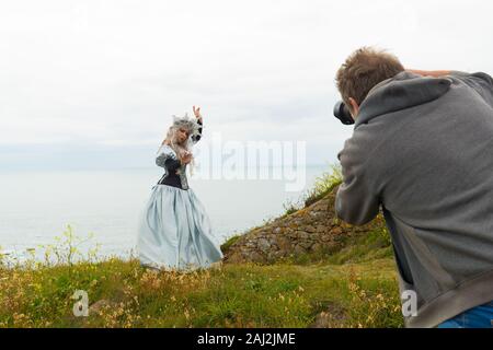 Fotografie Kurs, Workshop, bei Jersey Grosnez Castle und auf den Klippen Stockfoto