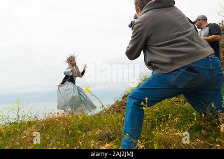 Fotografie Kurs, Workshop, bei Jersey Grosnez Castle und auf den Klippen Stockfoto