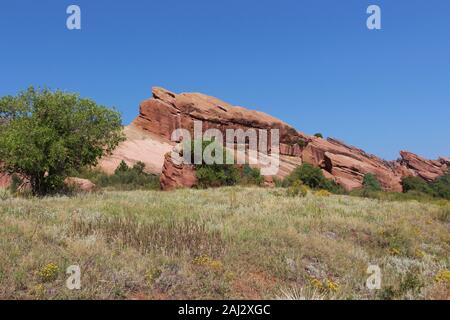 Große rote Felsformationen vor ein Feld von Wildblumen auf der Trading Post Trail in Red Rocks State Park, Colorado, USA Stockfoto