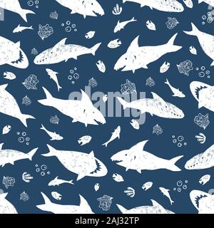 Vektor Blau und Weiß süß Shark pen Skizze Zeilen 01 Muster wiederholen. Perfekt für Gewebe, scrapbooking und Wallpaper Projekte. Stock Vektor