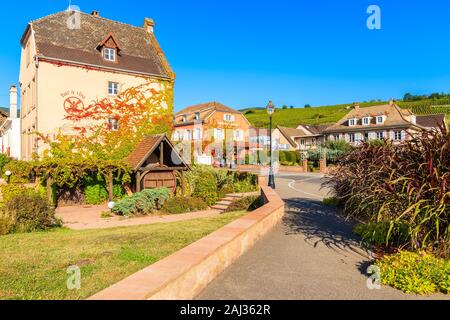 RIQUEWIHR, Frankreich - 19.09.2019: wunderschöne historische Häuser und Weingüter in der Altstadt von Riquewihr Dorf an der berühmten Weinstraße in Alsen befindet. Stockfoto