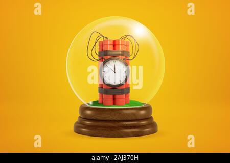 3D-Rendering von roten Bündel von Dynamit mit Zeitbombe im Glas Kugel Kugel auf gelben Hintergrund. Stressigen Situationen. Ausgefallene Termine. Lo Stockfoto