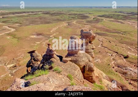 Morgens einen Blick aus dem Blue Mesa im Petrified Forest National Park von Arizona. Die Felsformationen im Vordergrund sind sogenannte Hoodoos. Diese nat Stockfoto