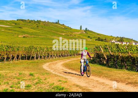 Junge Frau Radfahren auf der Straße entlang der Weinberge von Riquewihr, Kaysersberg, Elsass, Frankreich Stockfoto