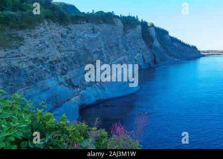 Landschaft mit Felsen und Meer in Cap-Bon-Ami, im nördlichen Bereich der Forillon National Park, Gaspe Halbinsel, Quebec, Kanada Stockfoto