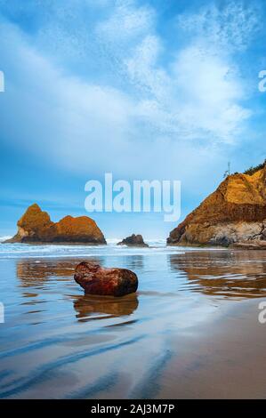 Arcadia Beach Treibholz bei bewölktem Himmel auf der Oregon Küste in der Nähe von Cannon Beach, Oregon. Stockfoto