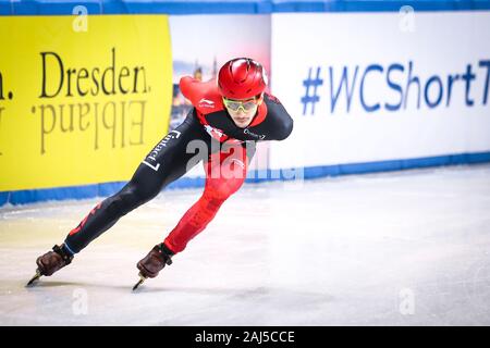 Dresden, Deutschland, Februar 02, 2019: Samuel Girard von Kanada konkurriert während der ISU-Short Track Speed Skating Wm Stockfoto